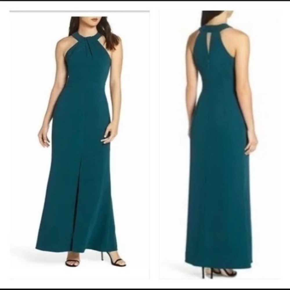 Harlyn Halter Gown Forest Green Leg Slit Gown